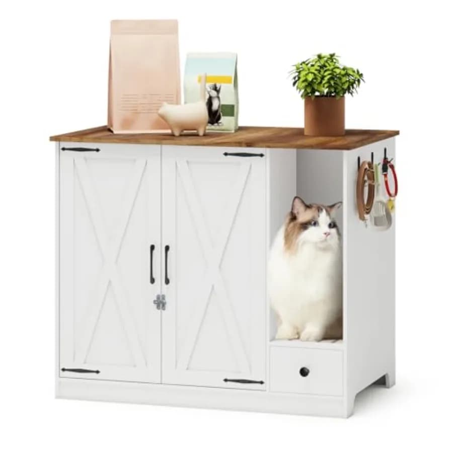 Mobiletto alto per lettiera per gatti con doppia porta e cassetto estraibile per lettiere autopulenti, in grigio moderno, con finitura nascosta
