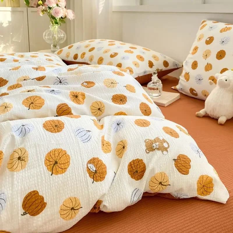 Korean baby blanket set with cute pumpkin Bed linen and soft washed cotton sheets on the skin Cover for girls Single Queen Size