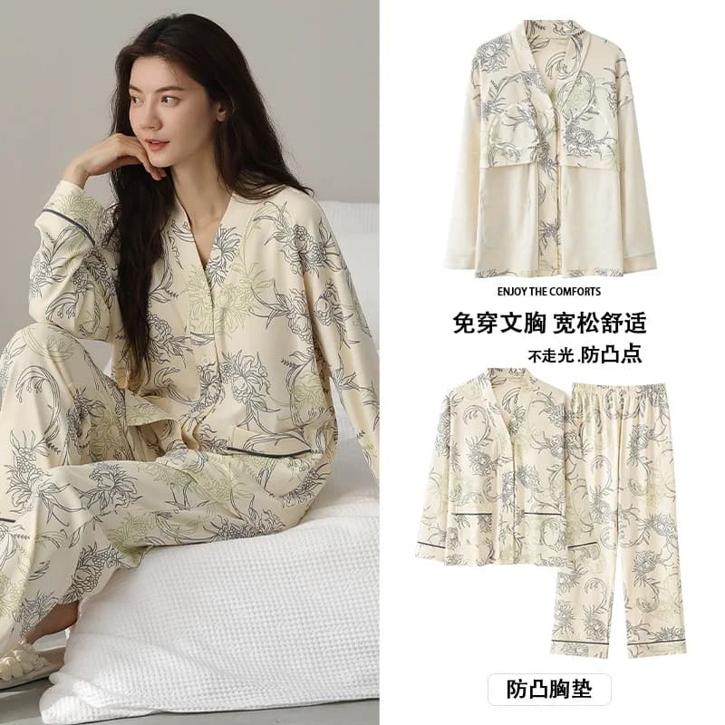 2024 pigiama in cotone da donna con imbottitura per reggiseno abbigliamento per la casa manica lunga primavera autunno Kimono camicia da notte donna pigiama da notte Mujer