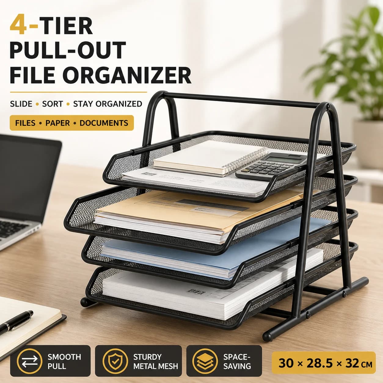 Pull Out Paper Tray Organizer Black Metal Mesh Desktop File Letter Rack for A4 Documents Office Home School Desk Storage