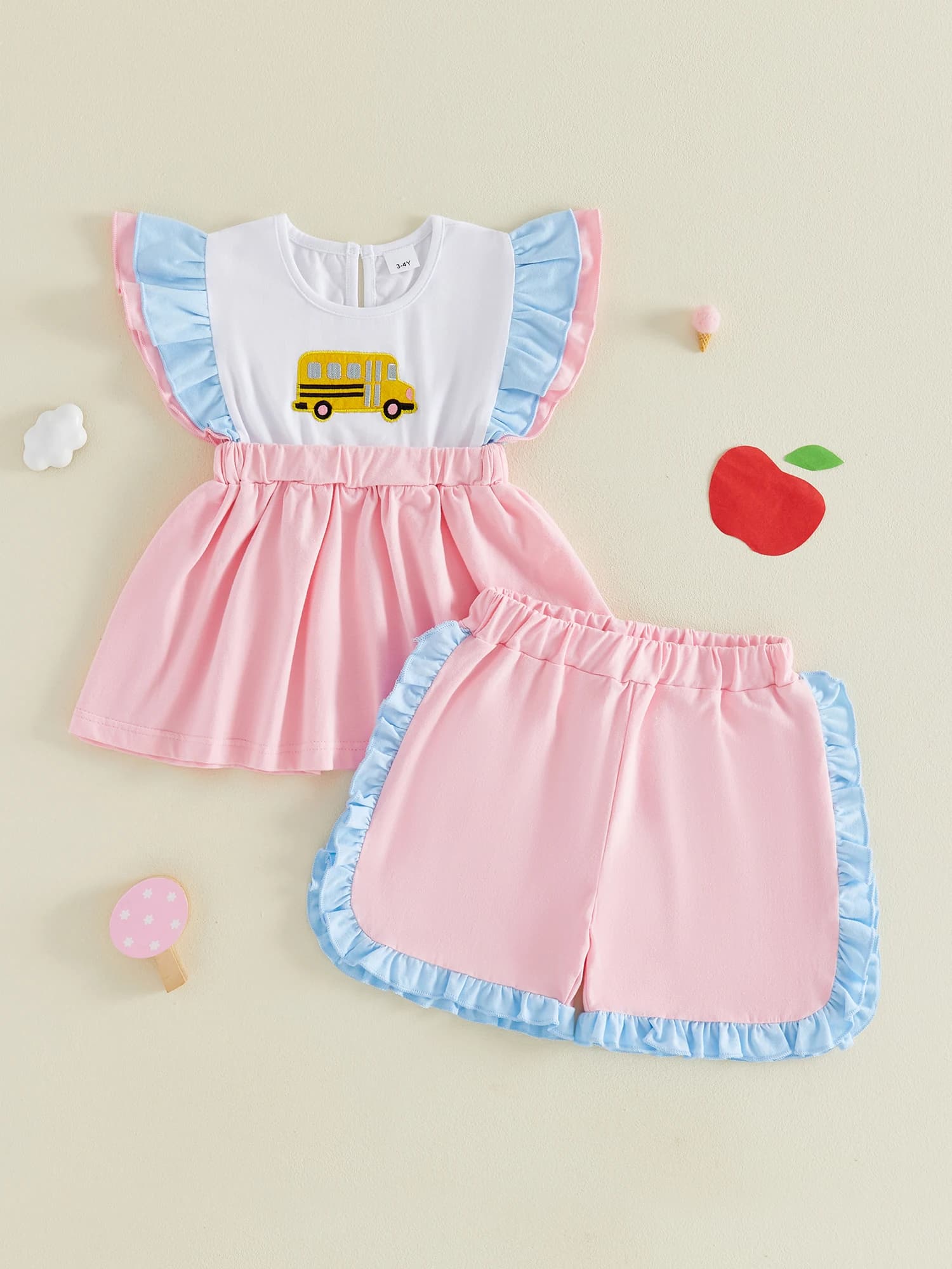 Girls Back To School Outfits School Bus Applique Flutter Sleeve Babydoll Blouse and Ruffled Shorts 2 Piece Summer Set for Kids