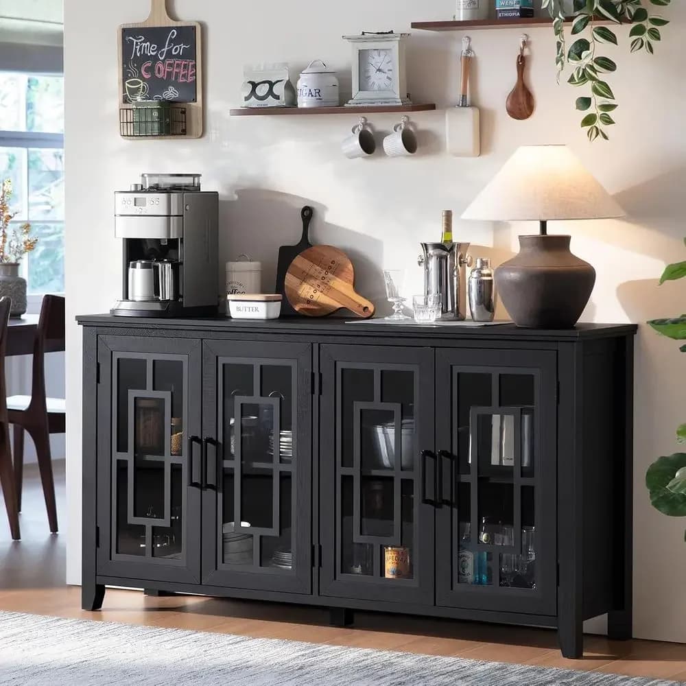 Grande credenza con contenitore, mobile bar da cucina nero da 63 pollici con 4 ante in vetro, in legno stile Century.