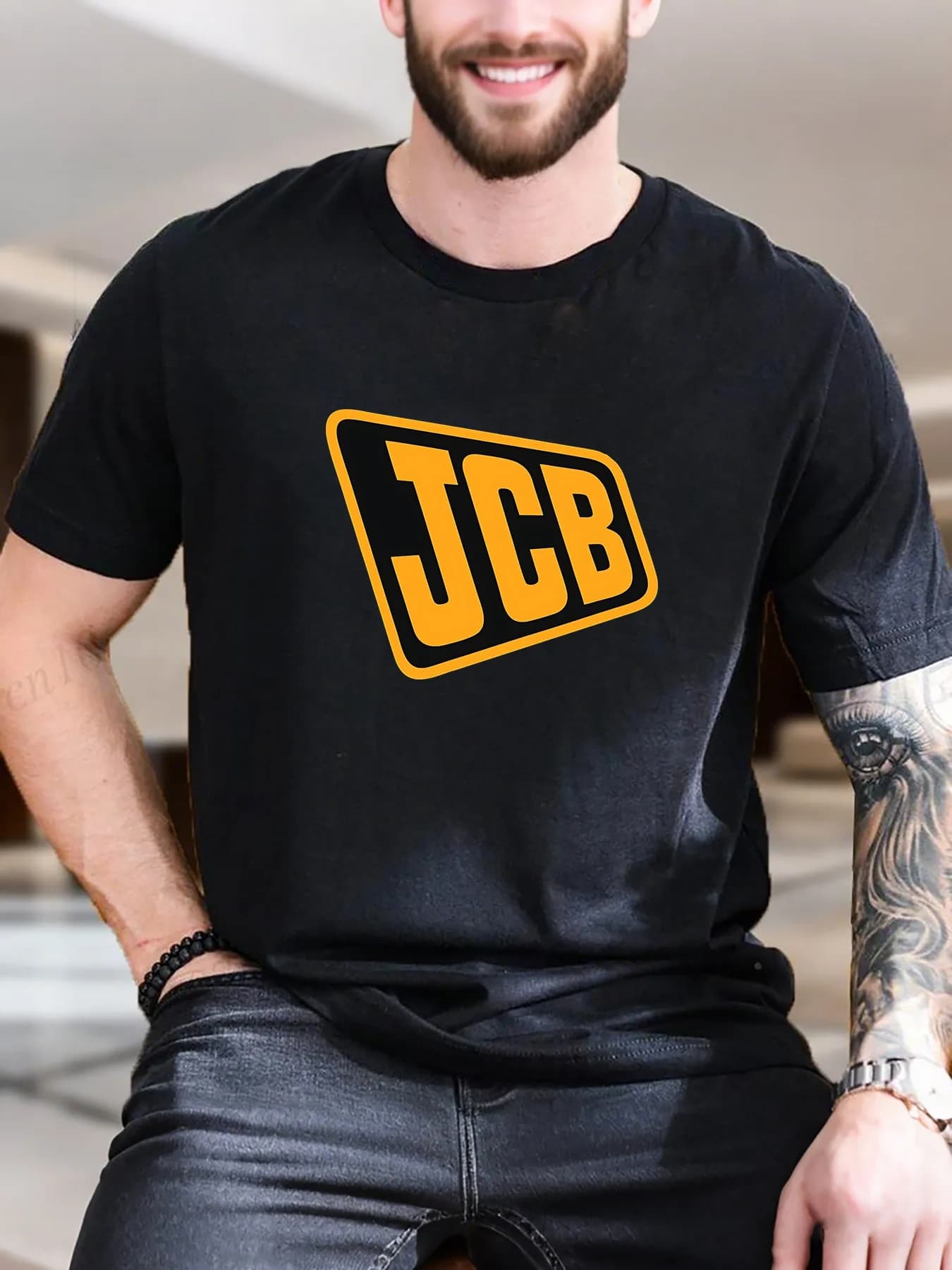 T-shirt con stampa Jcb da uomo di nuova moda di arrivo T-shirt a maniche corte in puro cotone morbido con logo giallo nero T-shirt casual a tema da costruzione