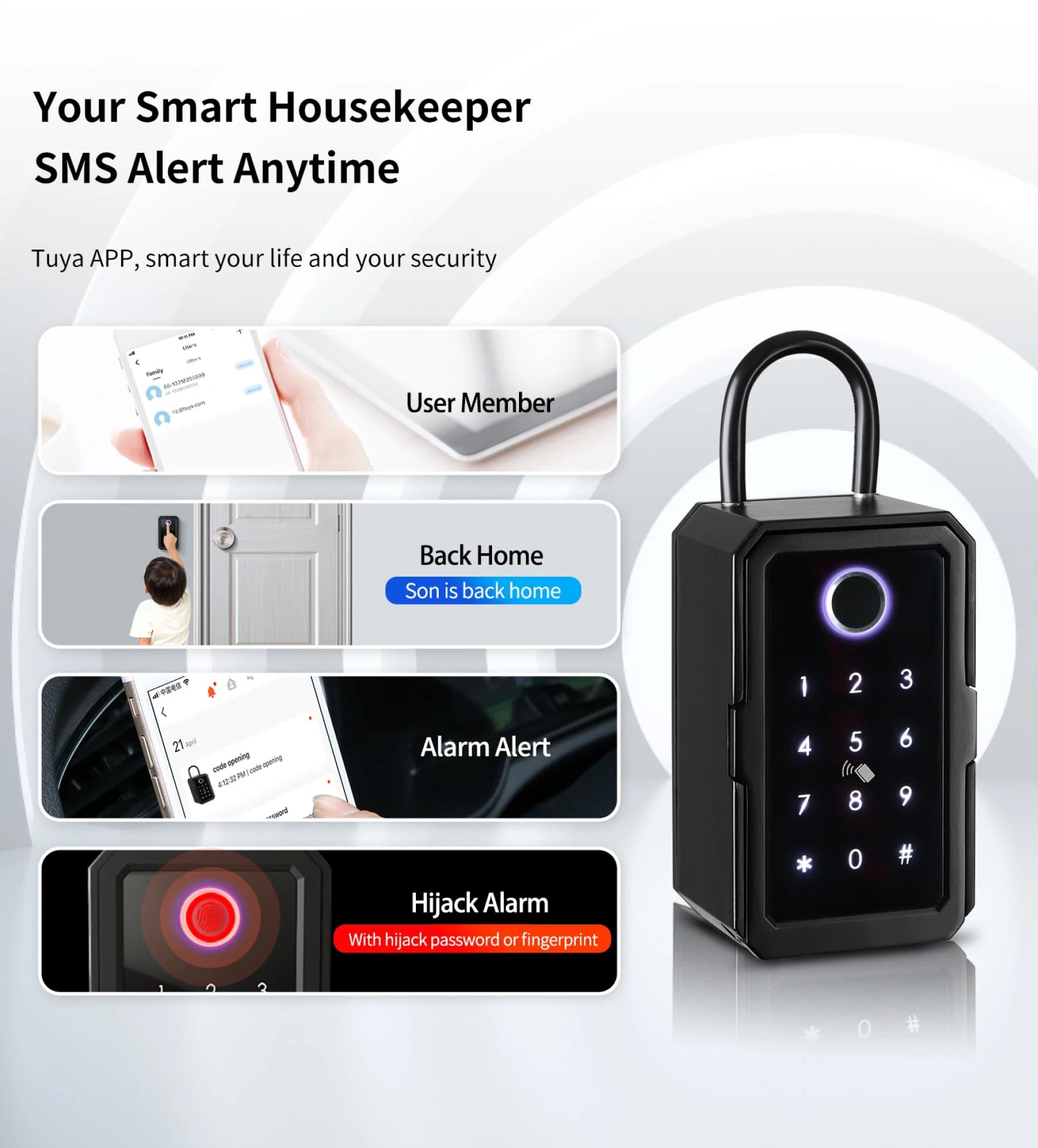 Cassetta di Sicurezza Intelligente Tuya Bluetooth con Impronta Digitale, Serratura di Sicurezza, Scatola Portaoggetti, Sblocco con Codice Combinato e Scheda IC, App Smart Life