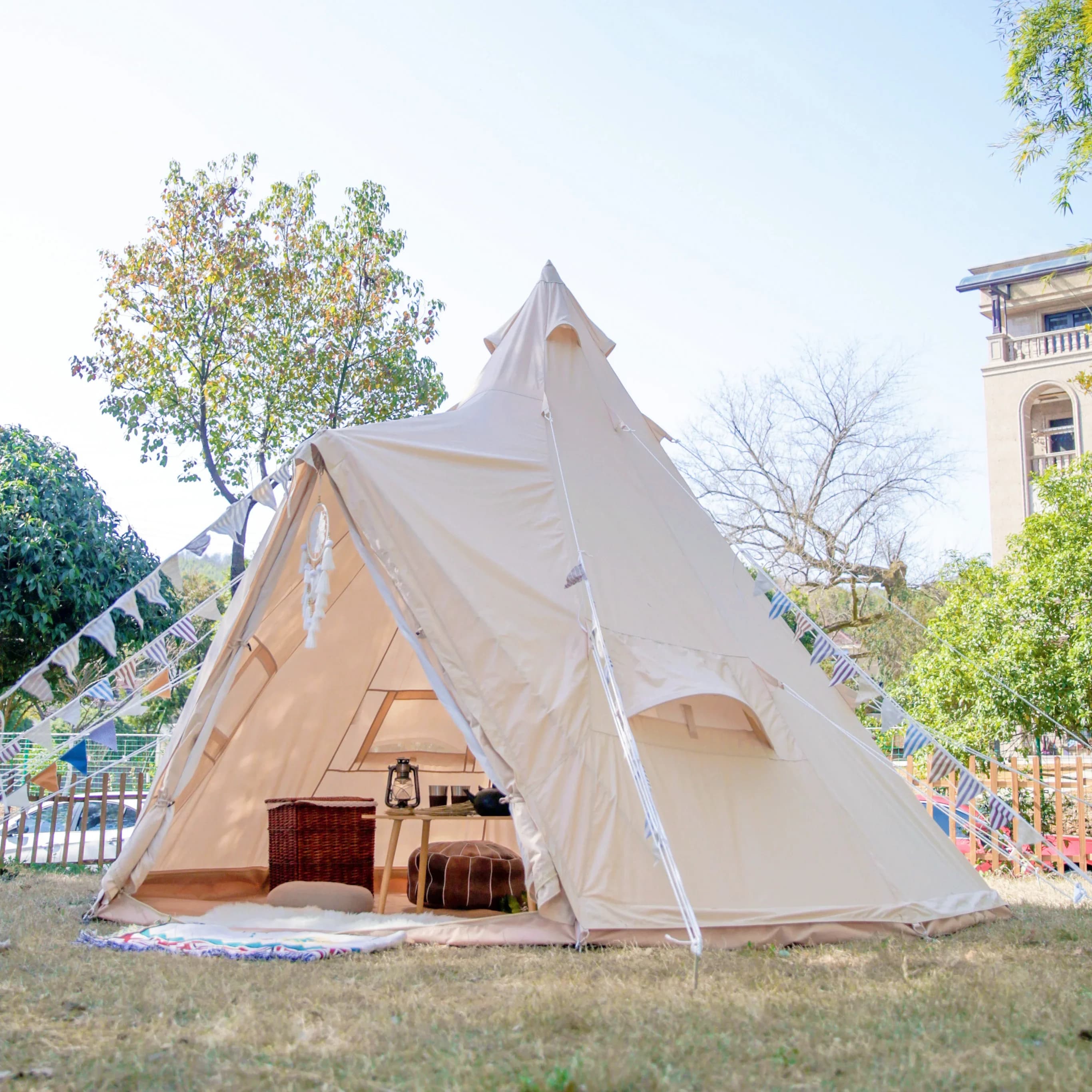 Tenda Tipi per adulti in tela di cotone Teepee Yurt Glamping Tenda Tipi Matrimonio Piramide indiana Tende da campeggio per famiglie all'aperto