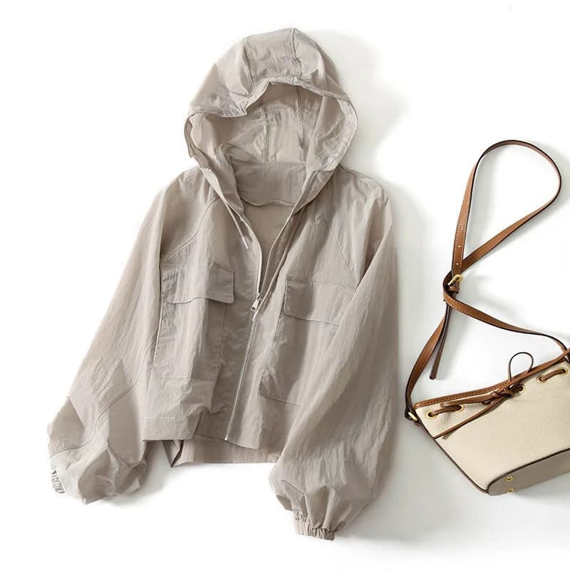 Women Sun-protective Coat Lady Spring Summer Casual Loose Solid Color Cropped Hoodie Sports Jacket Zipper Sun-protective Coat
