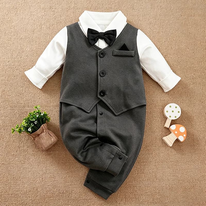 Newborn Baby Boys Spring Autumn Gentleman Fake Vest One‑Piece Romper Pure Cotton A‑Class Safe Soft Breathable Jumpsuit 0‑18M