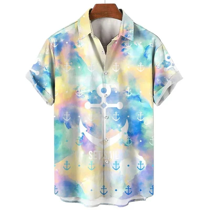 Fresh Macaron Gradient Boat Anchor Full Printed Short Sleeved Shirt for Men's Island Vacation Versatile Thin Shirt