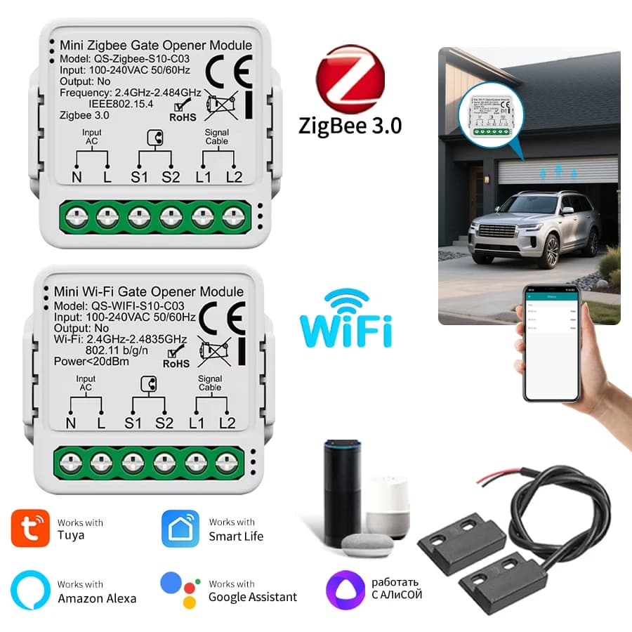 Tuya WiFi Zigbee Smart Garage Door Opener Controller 110V 240V Motorized Vocal Control Module Opener for Intelligent Life
