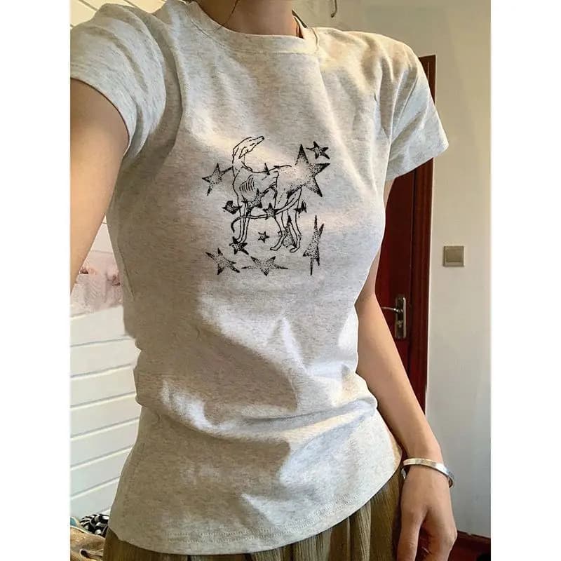 American Retro Grey Short Sleeve Women's Summer New Creative Print Slimming Shoulder T-Shirt Pure Cotton Top INS Style round ...