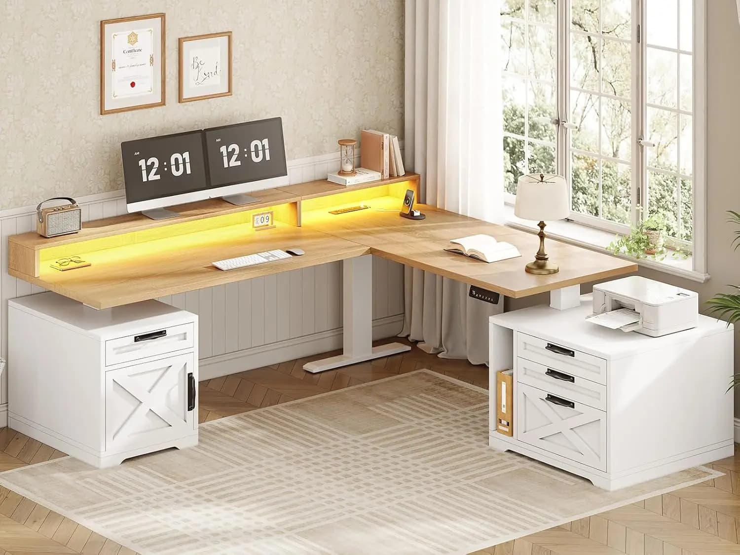 Scrivania a L Regolabile in Altezza con Cassetti, Supporto Monitor, Luci LED, 70"x73", in Rovere, Personalizzabile