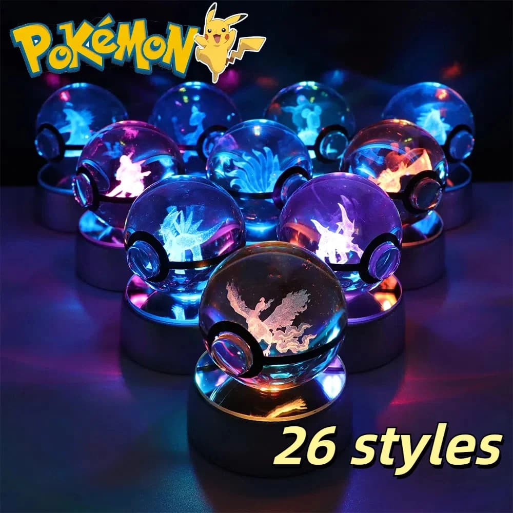 Pokemon 3D Sfera di cristallo Pikachu Gengar Eevee Mewtwo Anime Gioco Pokeball con luce notturna a LED Base Regalo di Natale Decorazione della casa
