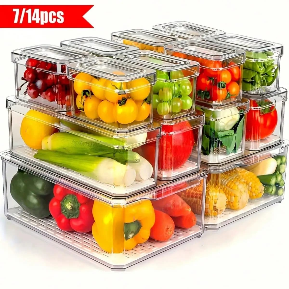 7/14 Pack Stackable Fridge Organizer Bins With Lids, Space Saving Food Storage Containers For Fruits, Vegetables, Snacks & Cereal, Multi-Use Storage Organizer For Refrigerator, Kitchen & Cabinets, Ideal Gift For Graduation, Birthday, Party & Wedding