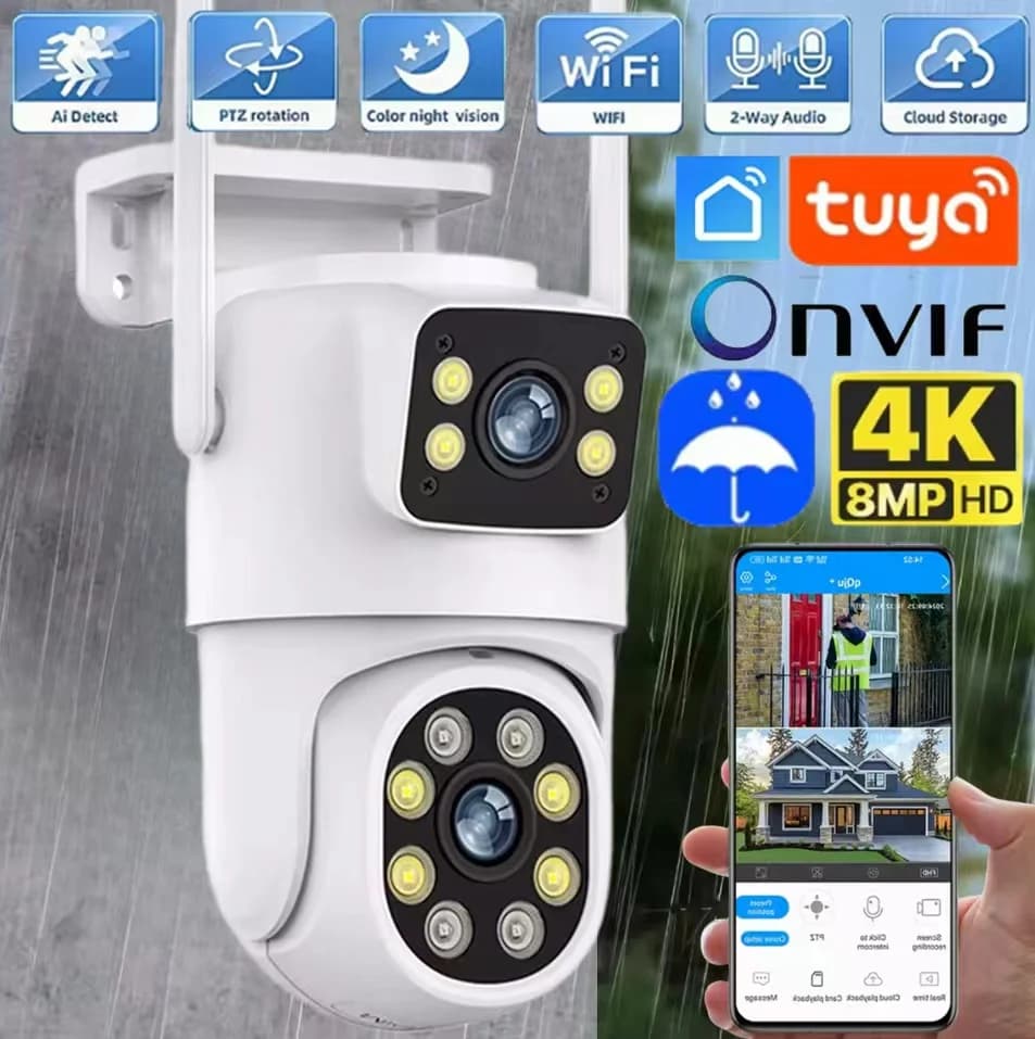4K 8MP Tuya Dual Lens PTZ WIFI 4MP Security surveillance camera Full HD camera Dual screen Ai Human Auto Tracking Outdoor