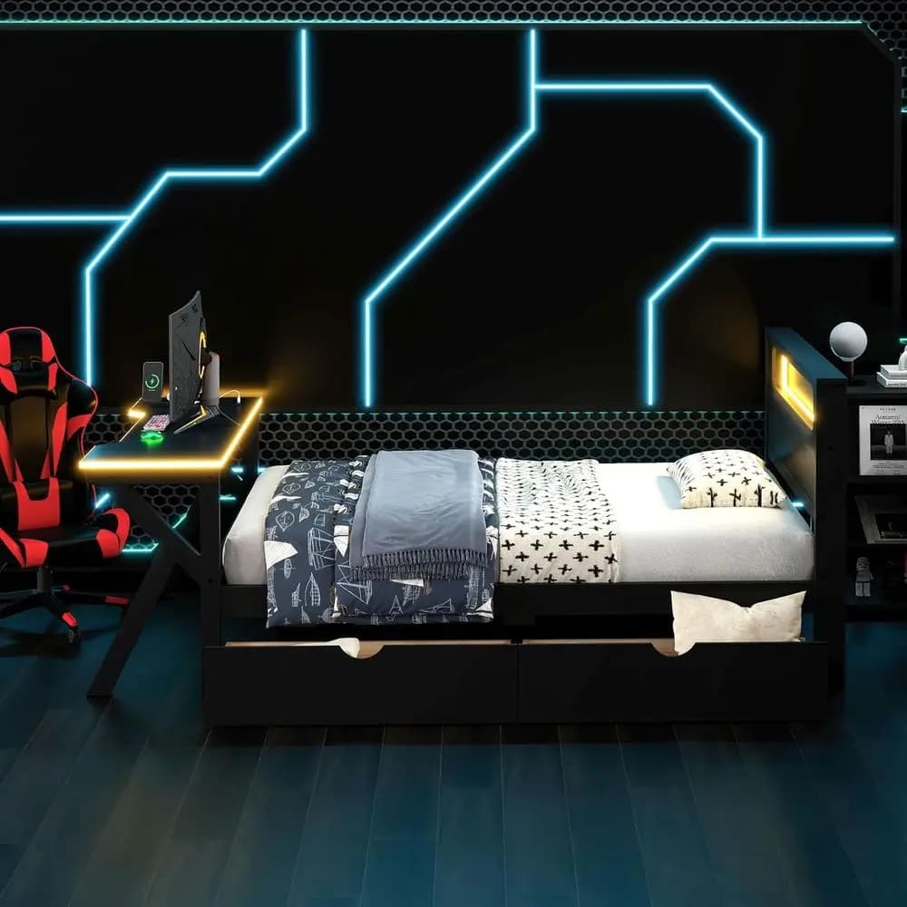 Struttura letto da gioco doppia in legno nero con scrivania, testiera a LED, porte USB e cassetti portaoggetti per bambini, senza bisogno di molle