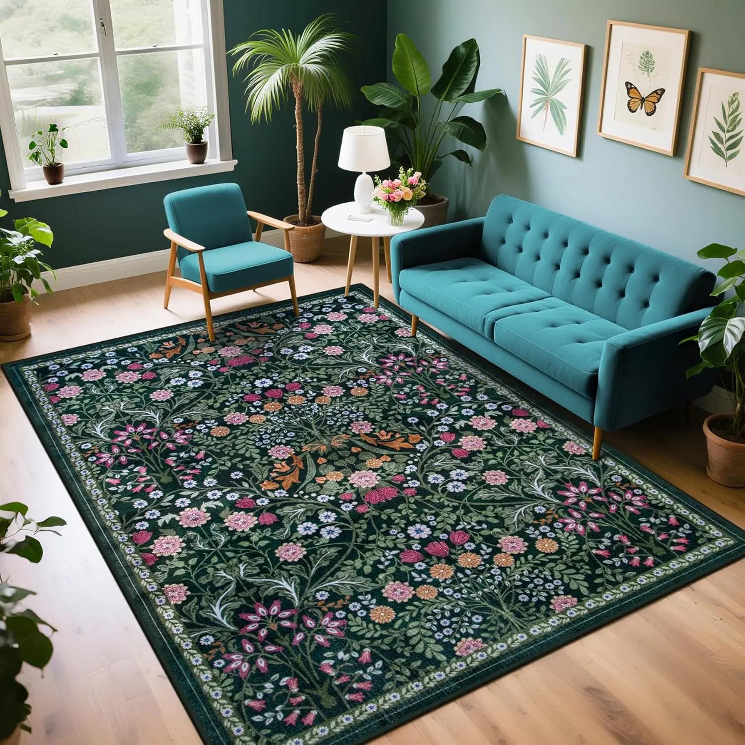 6x9 Floral Washable Rug, Vintage Non-Slip Carpet for Living Room, Dark Green