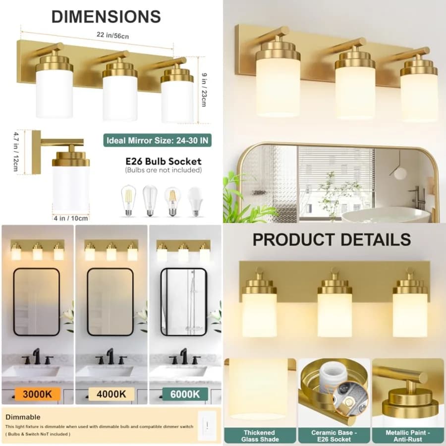 Lampada da Bagno per Specchio, 22 Pollici, Oro, con Paralume in Vetro Bianco, Stile Moderno Rustico