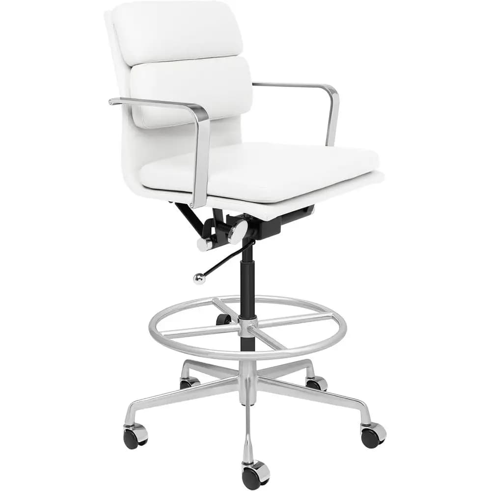 Sedia da disegno ergonomica imbottita con altezza regolabile, braccioli e cuscino, similpelle bianca