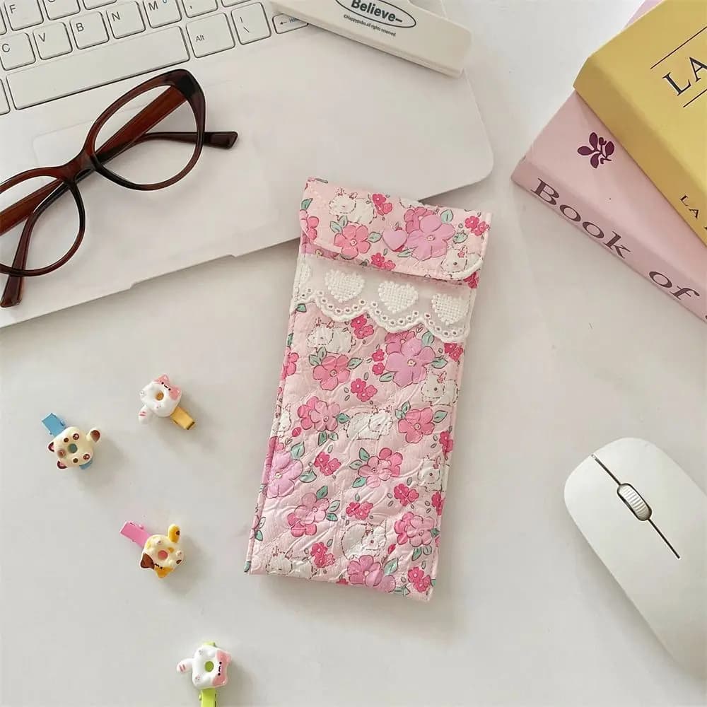Korean style cotton eyewear bag, lipstick case with lace heart, multifunctional sunglasses case, pretty pencil case, for outdoors