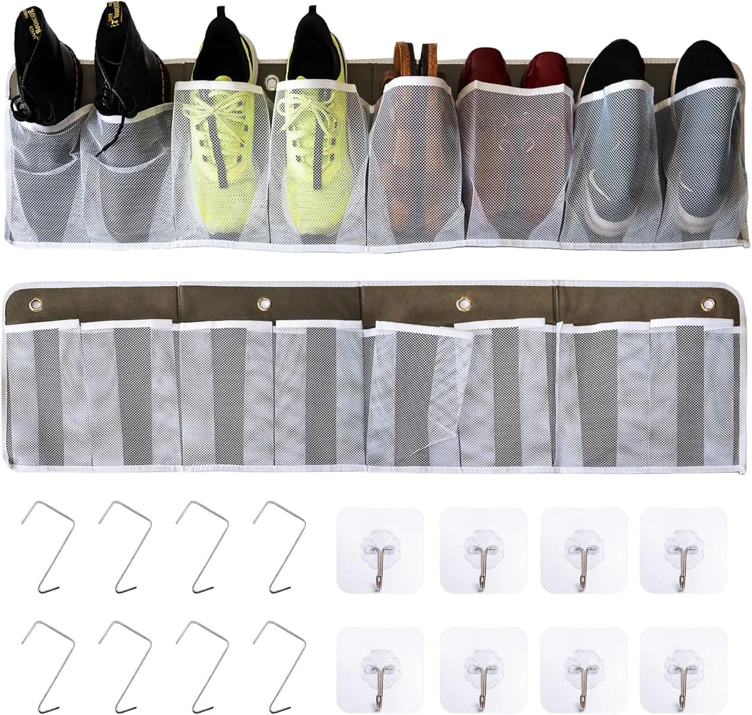 Organizzatore per Scarpe a 16 Tasche da Appendere per Camper e Comodino - Borsa Portaoggetti Pieghevole in Rete con Ganci, Salvaspazio, Confezione da 2