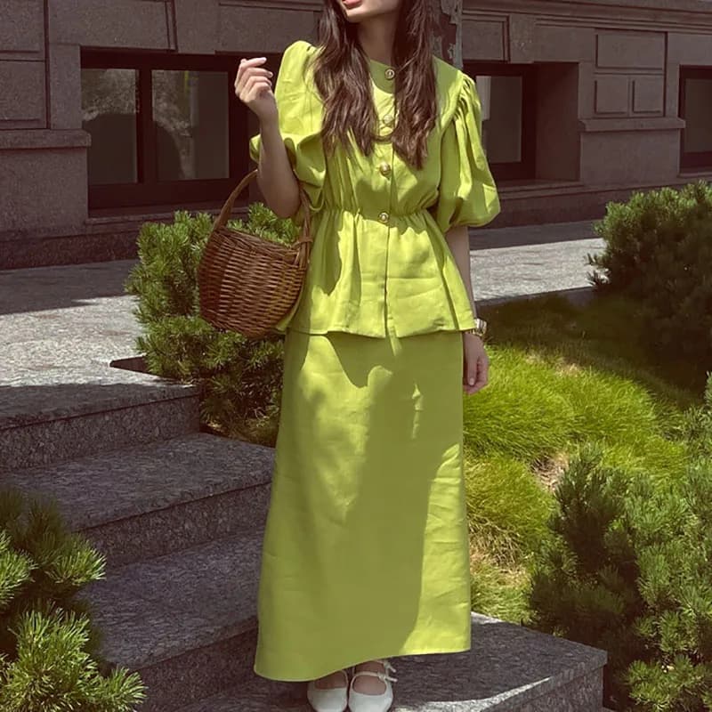 Casual Solid Bubble Sleeve Splice Suit Trendy O-Neck Loose Office Commute Outfit Chic Single Breasted Cardigan Top+Skirt 2pc Set