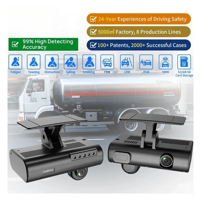 CareDrive Dashcam Double Lenten 1080p with DSM and ADAS functions, AI Pedoni FCW LDW HMW PCW detection for Cars and Elevator Carts