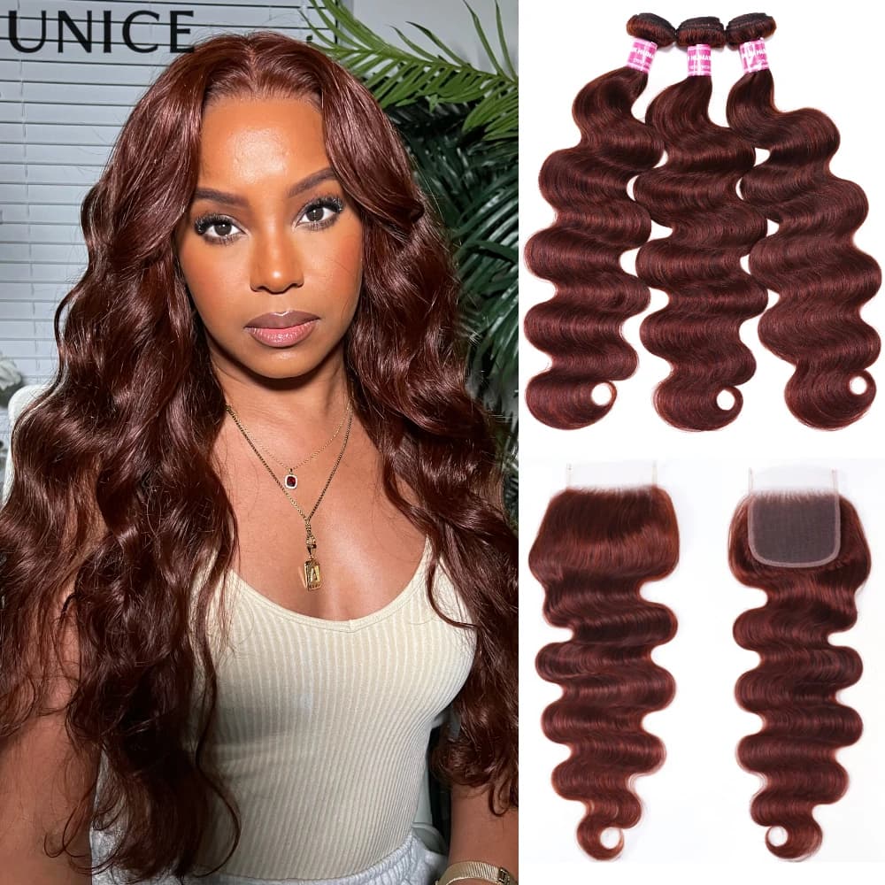 UNice Reddish Brown Body Wave Bundles 2/3/4 PCS With 4x4 Inch Lace Closure 100% Human Hair Bundles With Closure