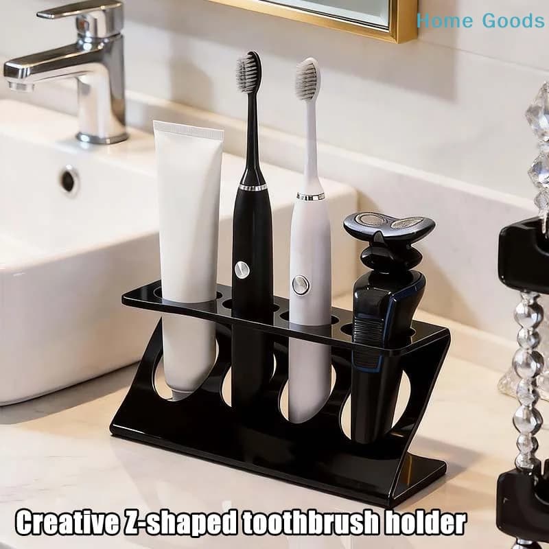 Z-shaped electric toothbrush holder, toilet organizer holder, toothpaste and toothbrushes for the whole family
