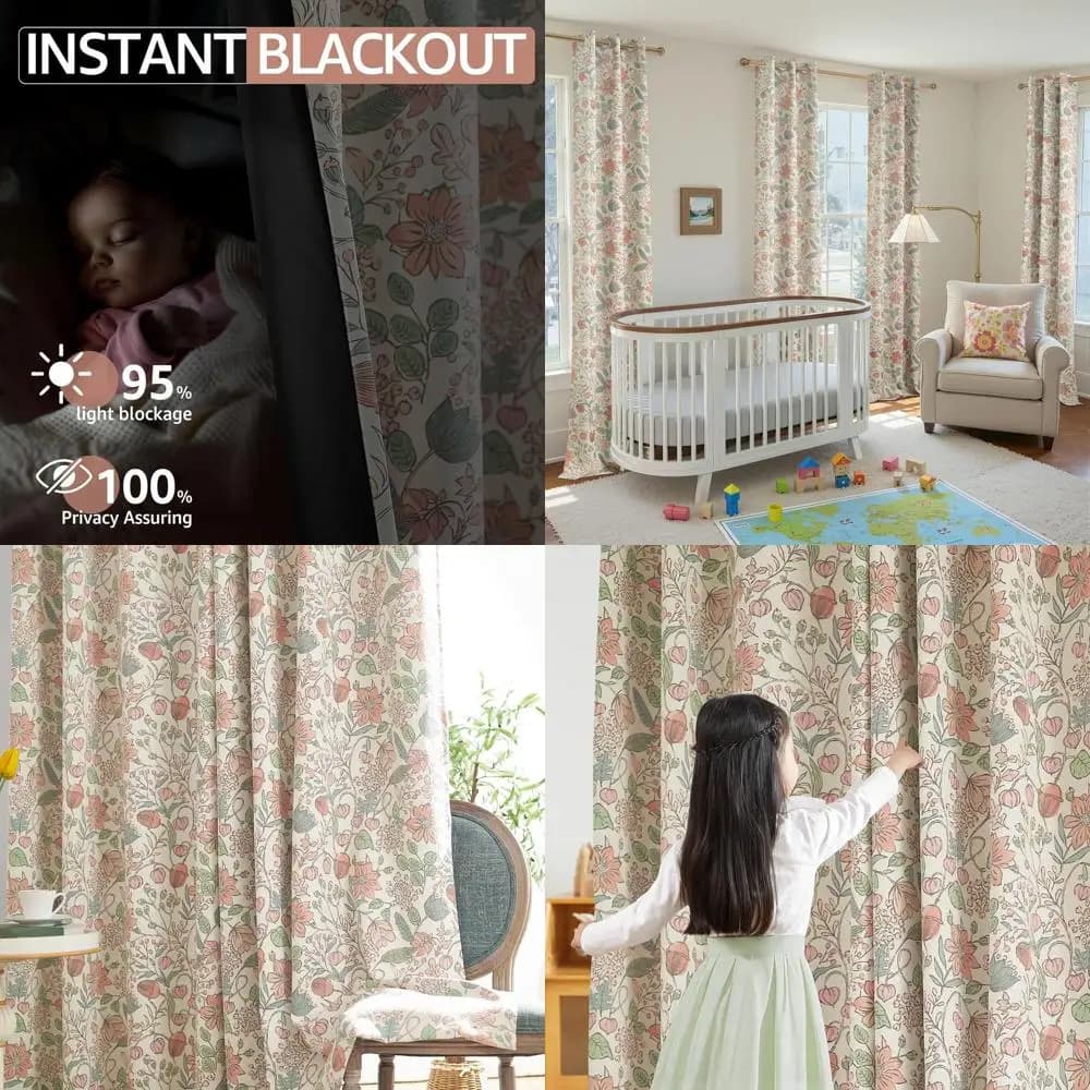 90 pink 95% blackout curtains, spring floral design, ideal for girls' room and living spaces, top with eyelet, set of 2 panels