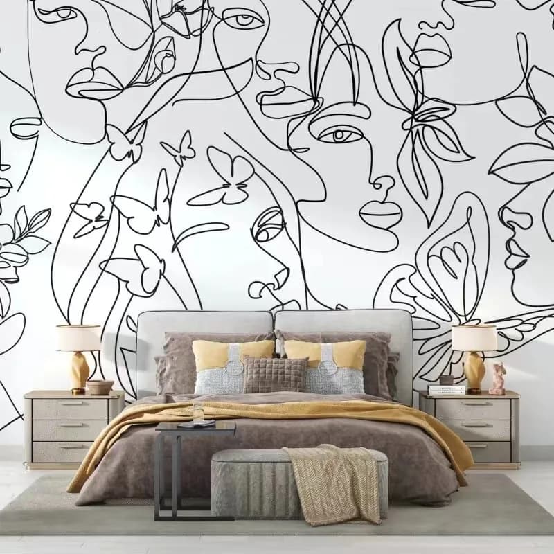 Carta da parati su misura con linee bianche e nere, dipinto murale con volto astratto, decorazione per la casa, pittura astratta, carta da parati 3D per soggiorno