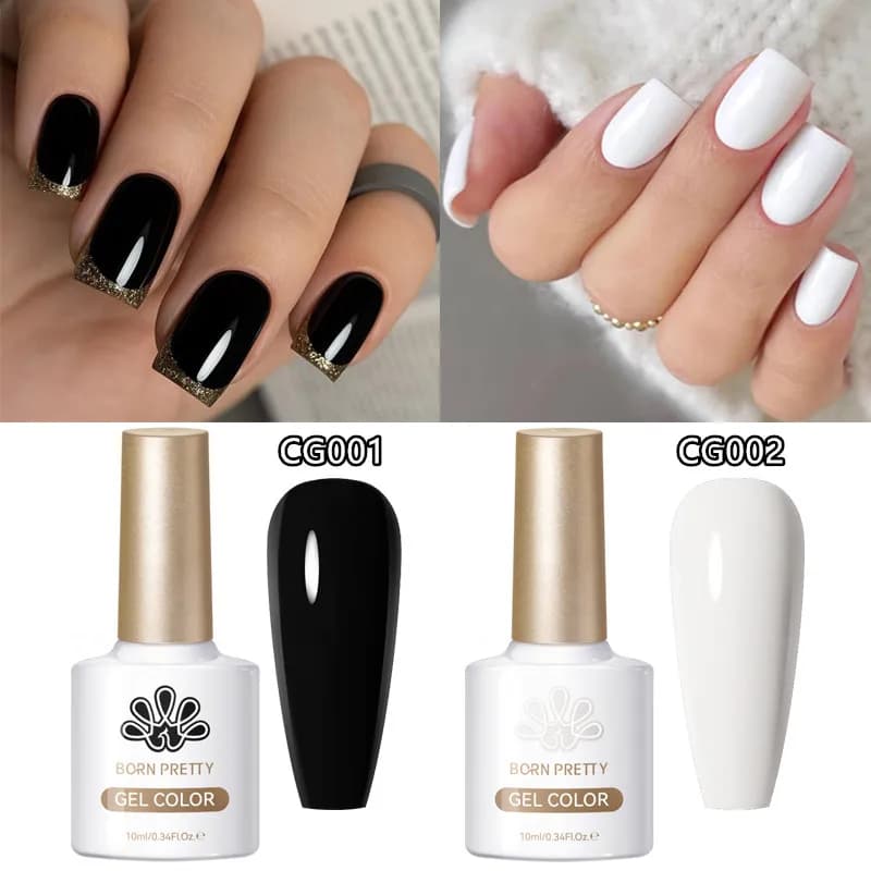 BORN PRETTY Set di 2 Smalti Gel per Unghie Nero e Bianco 10ml, Semipermanente, Soak Off, UV LED, Strumenti per Manicure, Design Fai-da-Te per Nail Art