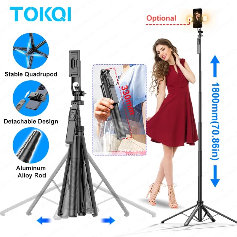 Treppiede TOKQI C18 Quadrupod per Riprese con Cellulare, Video Vlog, Bastone Selfie da 180 cm con Telecomando Bluetooth Wireless e Vite da 1/4''