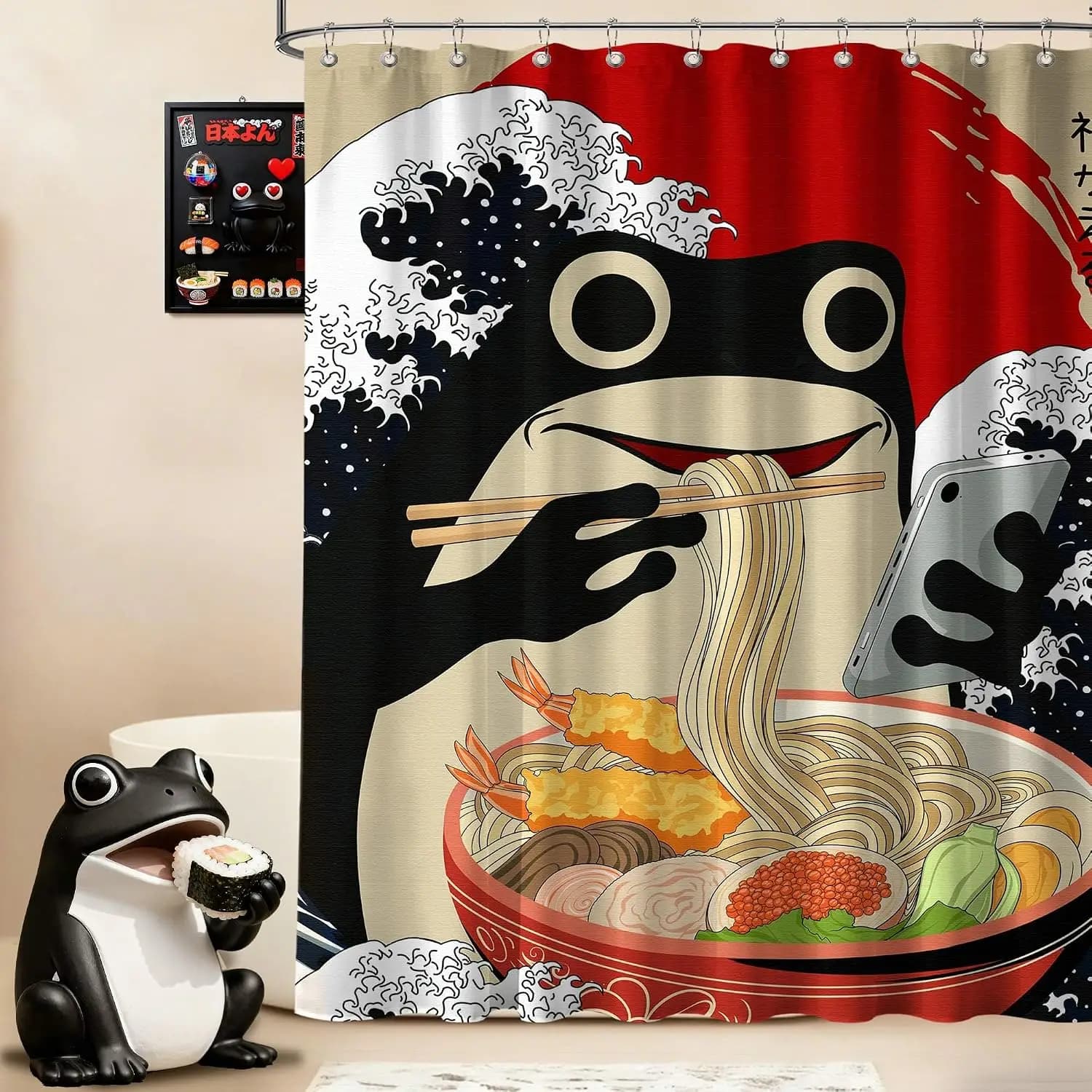 Cute Kawaii Cartoon Octopus Noodle Sushi Shower Curtain Waterproof Anime Bathroom Decor Accessories Home Gift Novelty