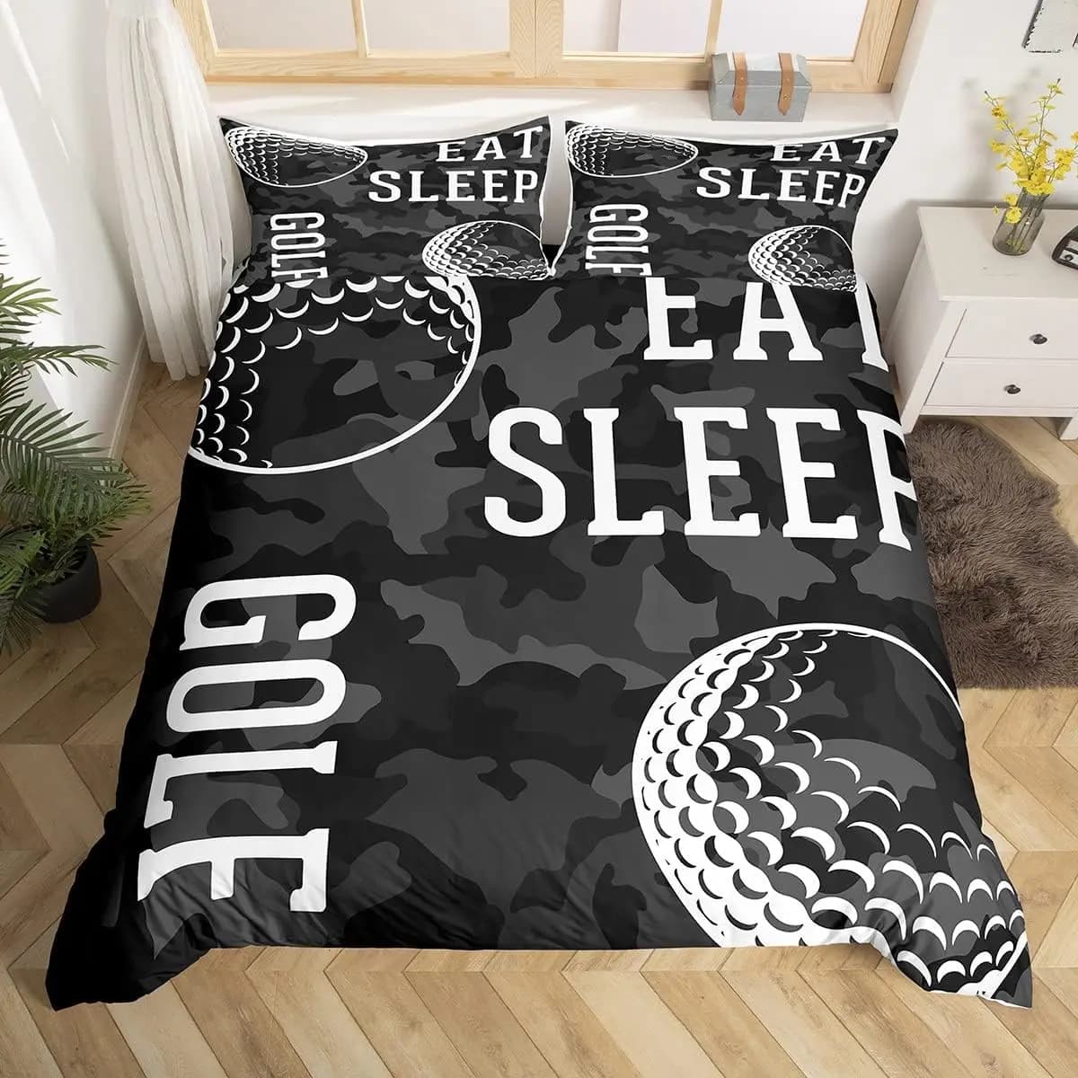 Eat Sleep Golf Bedding Set Single Black Camouflage Duvet Cover Set 2pcs Sports Camo Quilt Cover Golf Gifts for Men Room Decor