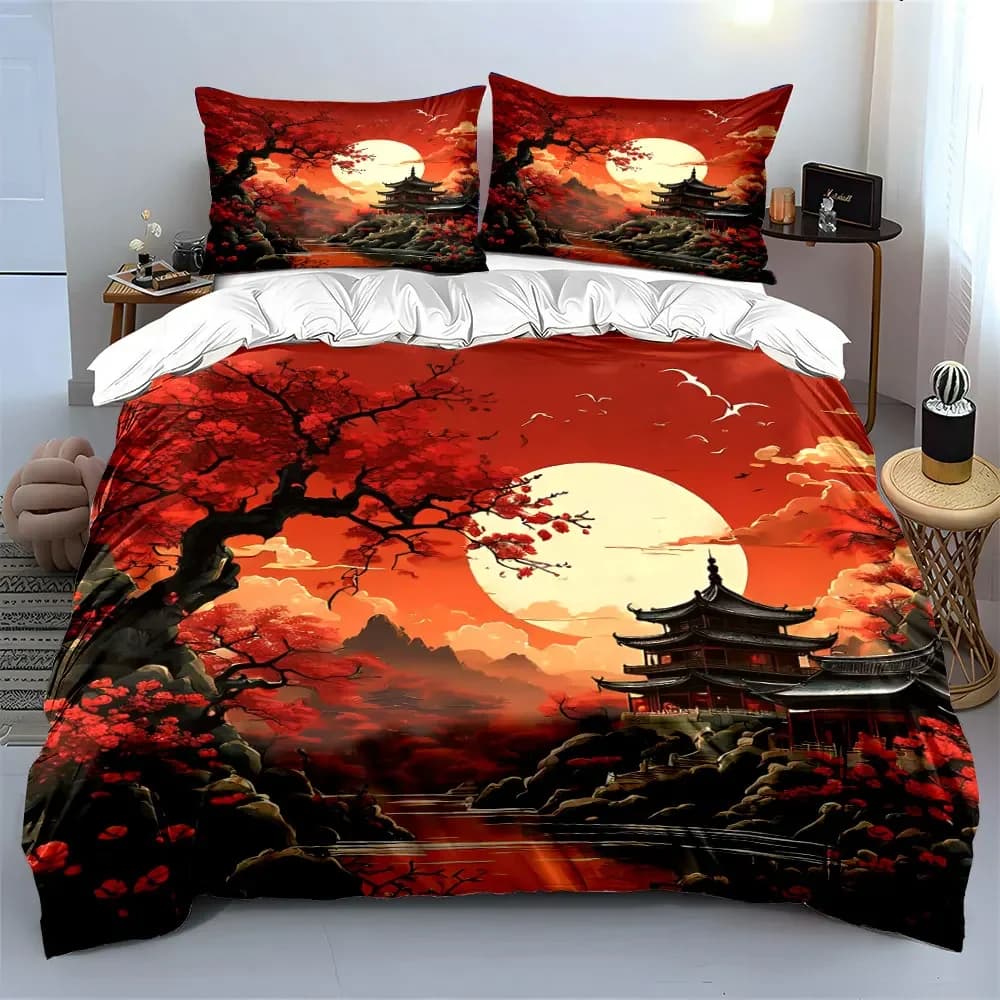 Set di biancheria da letto con copripiumino morbido e confortevole, set di decorazioni per l'arte paesaggistica orientale, include 1 copripiumino e 2 federe, regalo