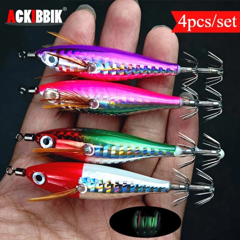 Ackibbik 4 pz Luminoso Orizzontale Calamari Jig Acqua Salata Calamari Glow Jigs Orizzontale Mare Gamberetti Jig Richiamo Cutlassfish Pesca Polpo