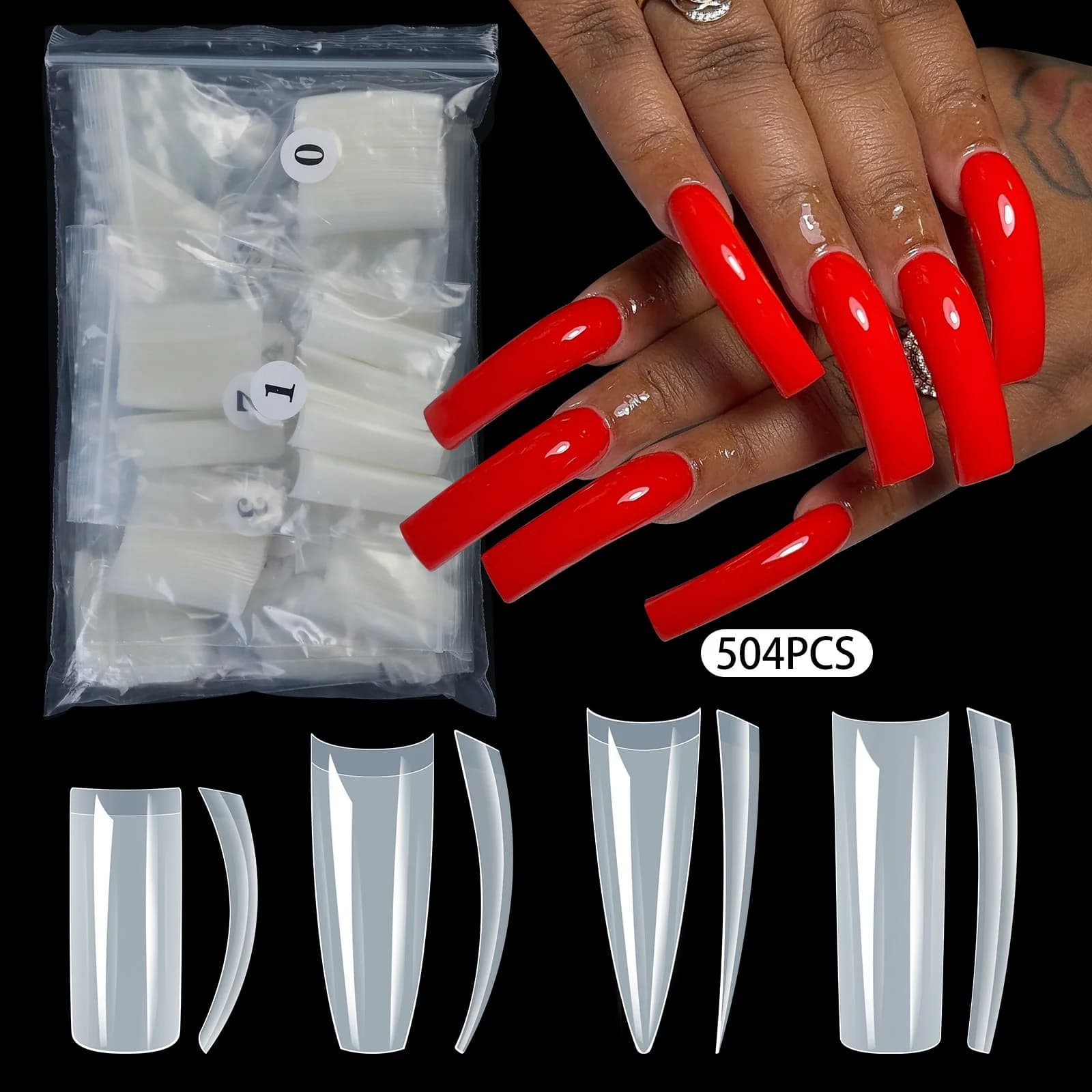 504 Pezzi Punte per Unghie in Gel Morbido Ultra-Sottile Francese, 12 Misure, Mezza Copertura, Stiletto e Coffin, Unghie Finte per Acrilico Fai-da-Te e Salone