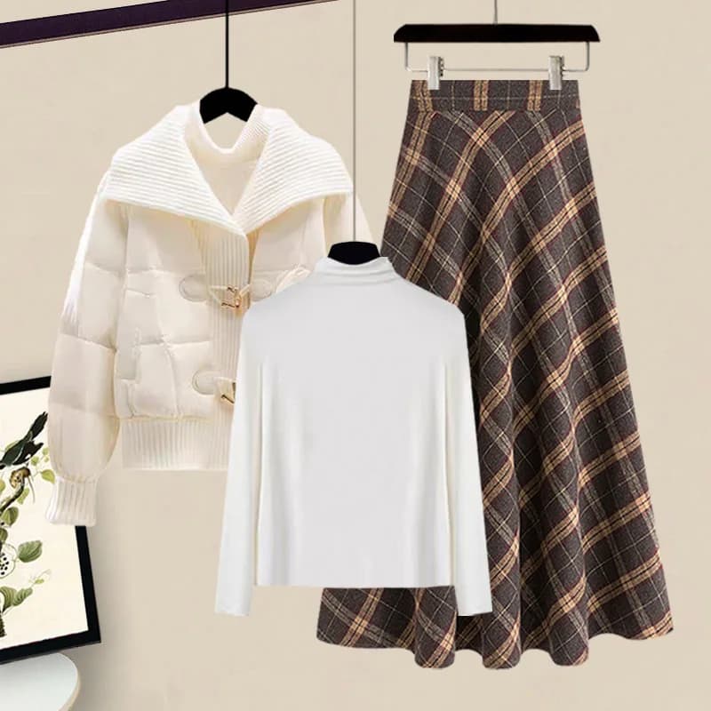 Set Tre Pezzi Stile Coreano Autunno Inverno: Giacca Corta Imbottita, Maglione a Collo Alto e Gonna, Completo Moda Donna