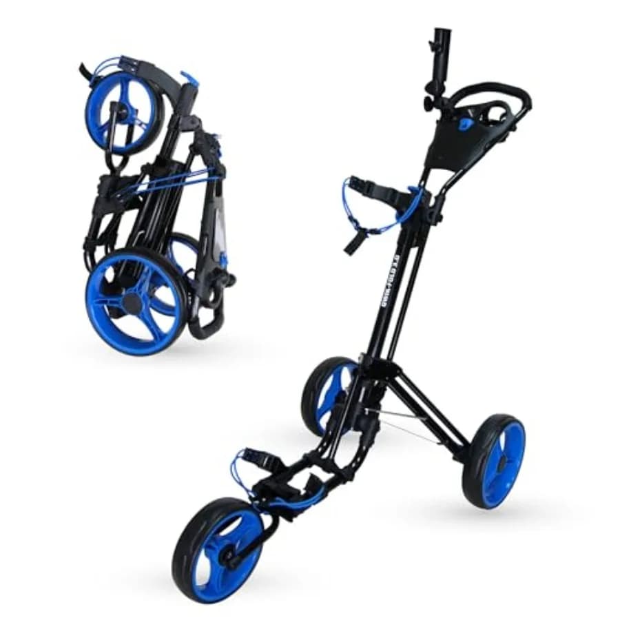 Carrello da Golf a 3 Ruote con Freno a Pedale, Pieghevole in 1 Secondo, Telaio Leggero in Alluminio, Manico Regolabile, Ruote Scorrevoli