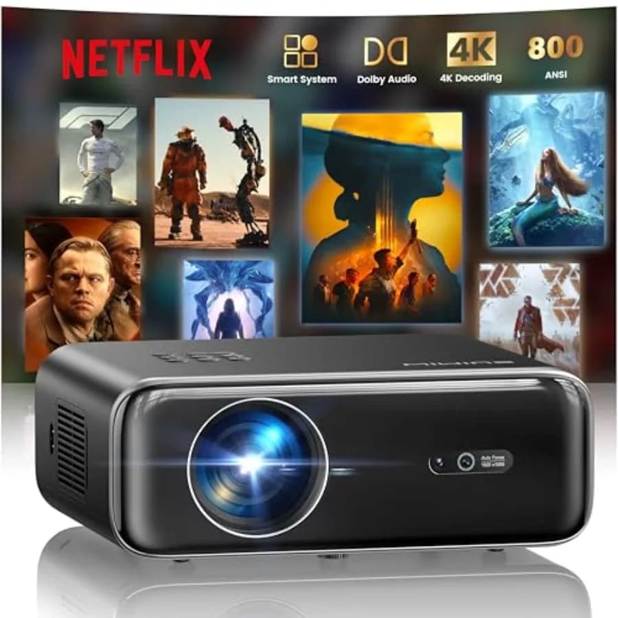 Smart Outdoor Projector with WiFi and Bluetooth 800ANSI 4K Support Auto Focus Dual Speaker DoIby Audio Compatible with YouTube