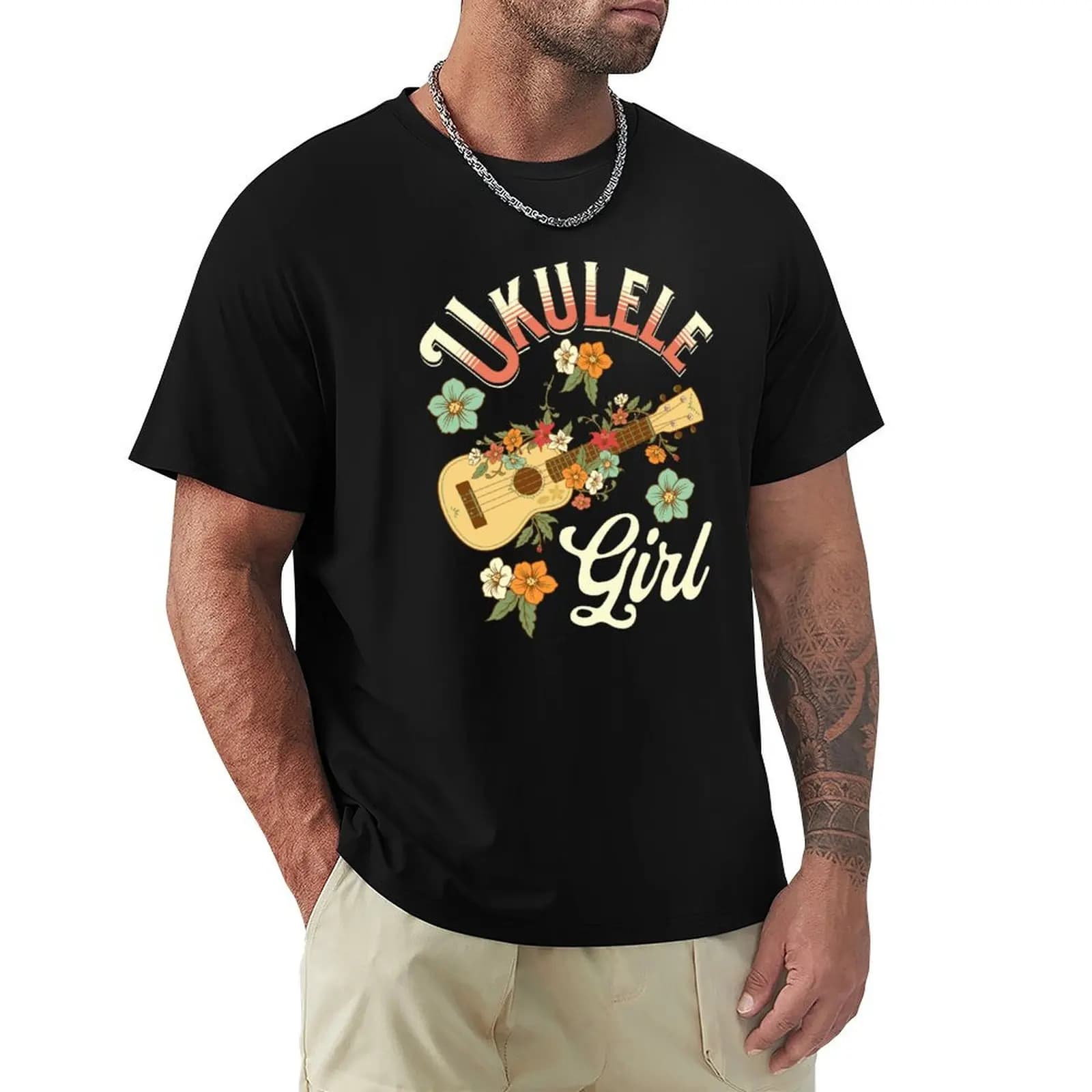 T-shirt da uomo Ukulele Girl Vintage con fiori hawaiani, per musicisti di ukulele, ideale per il lavoro e l'uso all'aperto