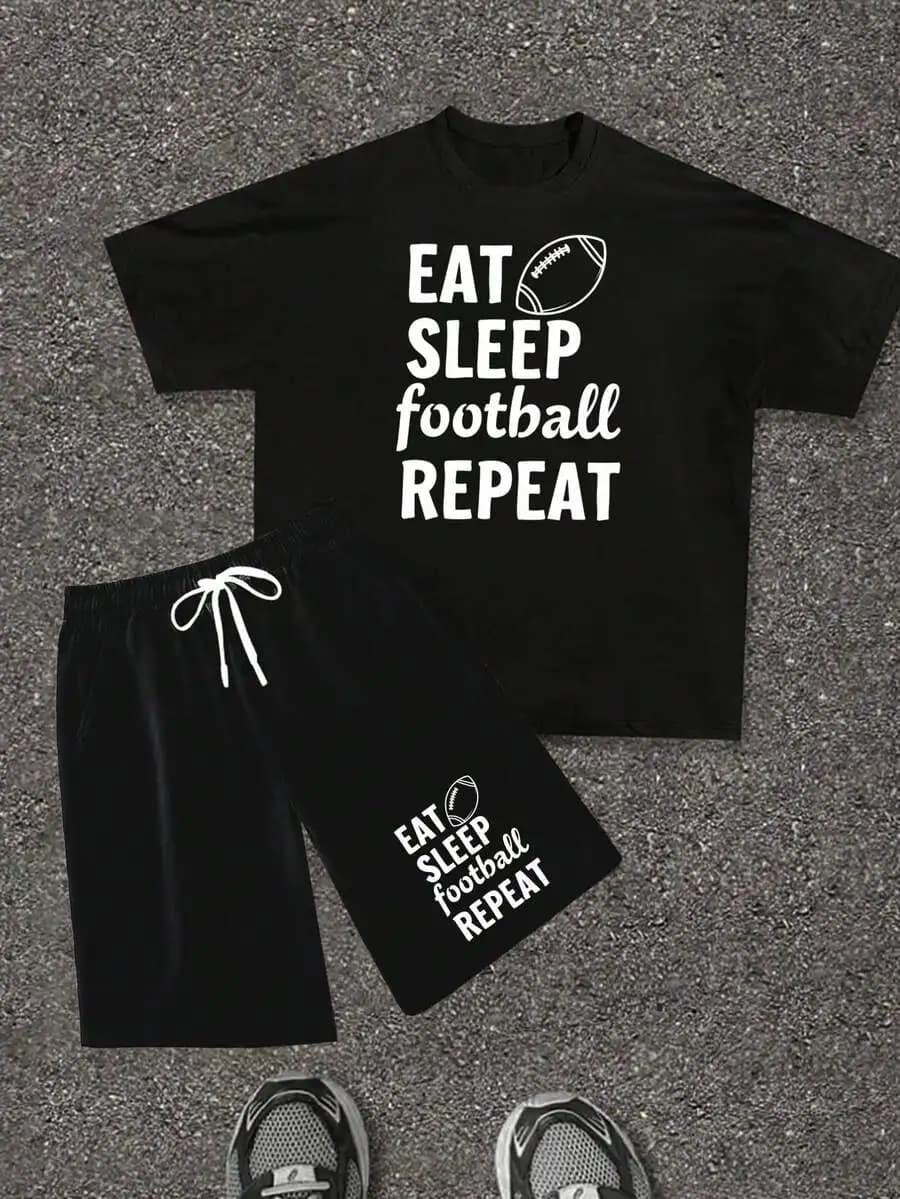Set di t-shirt e pantaloncini da uomo Eat Sleep Football Repeat, completo casual estivo