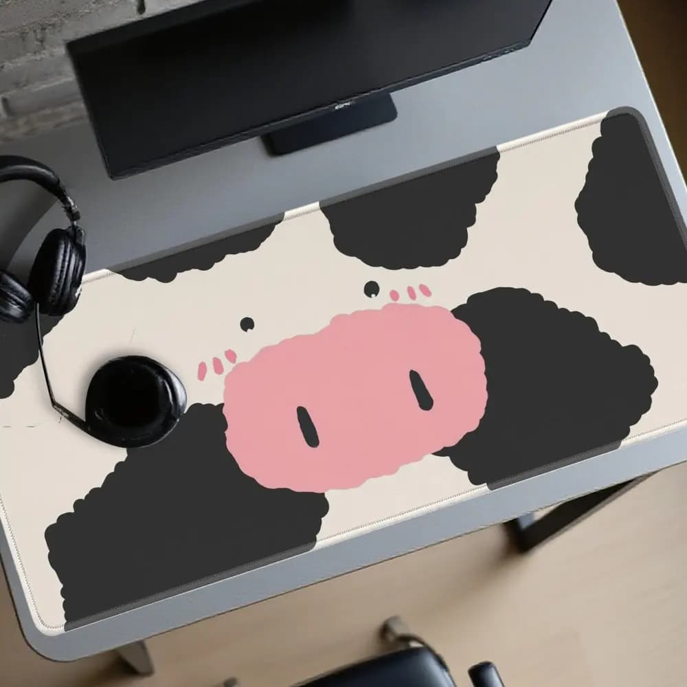 Tappetino per mouse da gioco con un simpatico design di mucca anime con naso rosa e motivo a pois, tappetino da scrivania per ufficio e giochi.