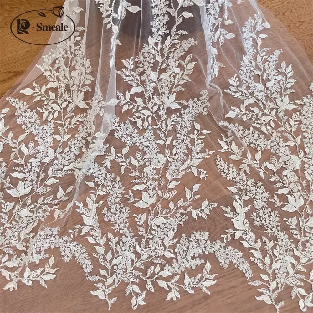 -Bianco 3D Fiori Perline Paillettes Tessuto di pizzo ricamato Abito da sposa Tessuto da sposa brillante RS4851