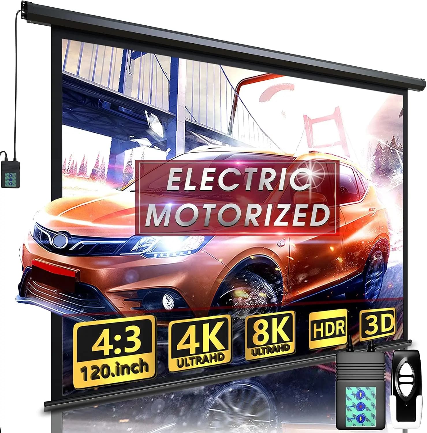 Schermo per proiettore motorizzato da 120 pollici, elettrico, con telecomando per film da interno ed esterno