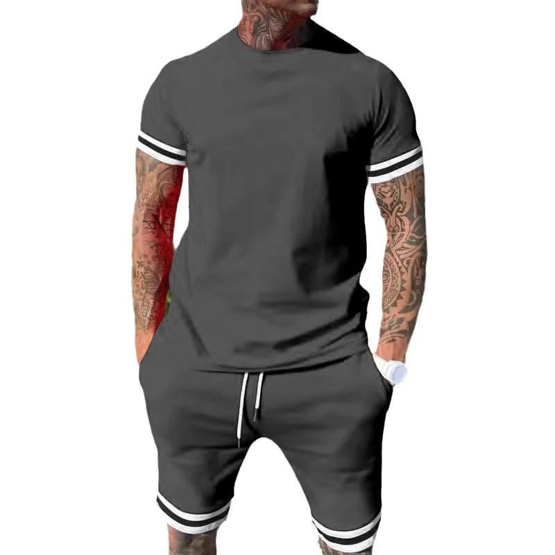 Completo estivo da uomo in 2 pezzi, t-shirt a maniche corte con finiture a righe, pantaloncini con coulisse