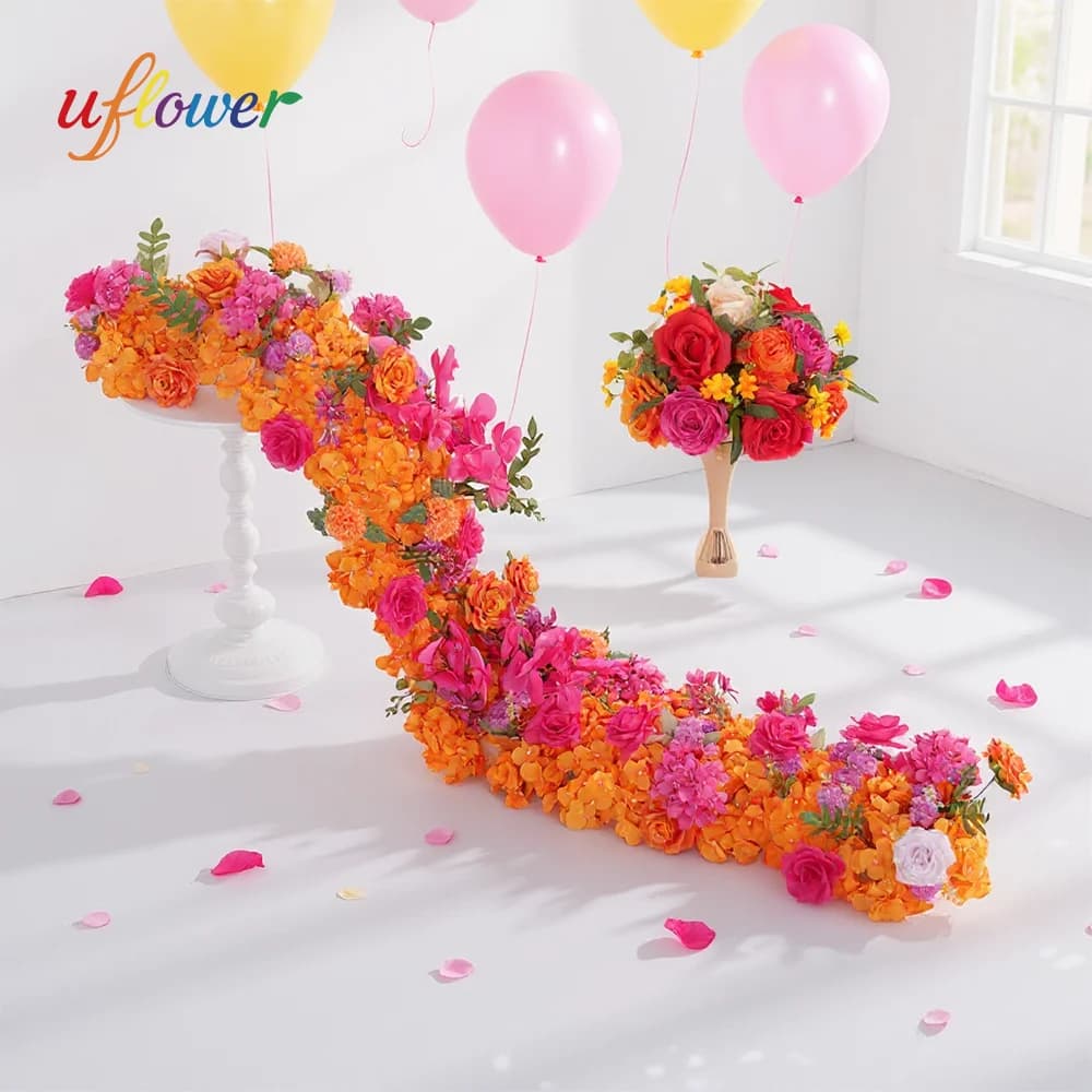 Uflower 1/2M Rosa Arancione Rosa Artificiale Grande Runner Fiore Fila Palla Floreale Decor Sfondo Centrotavola di Nozze Bouquet da Tavolo
