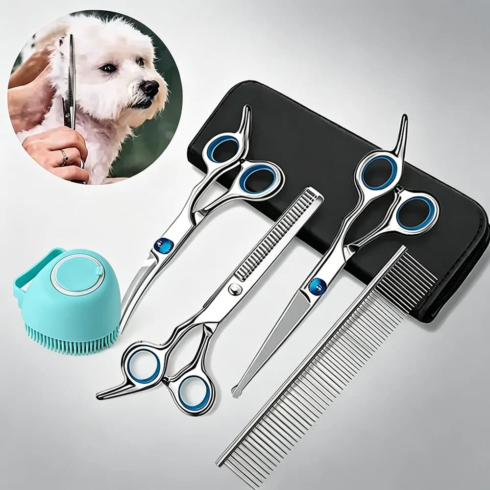 Pet grooming kit dog trimming scissors with liquid storage shower brush cat cleaning care set