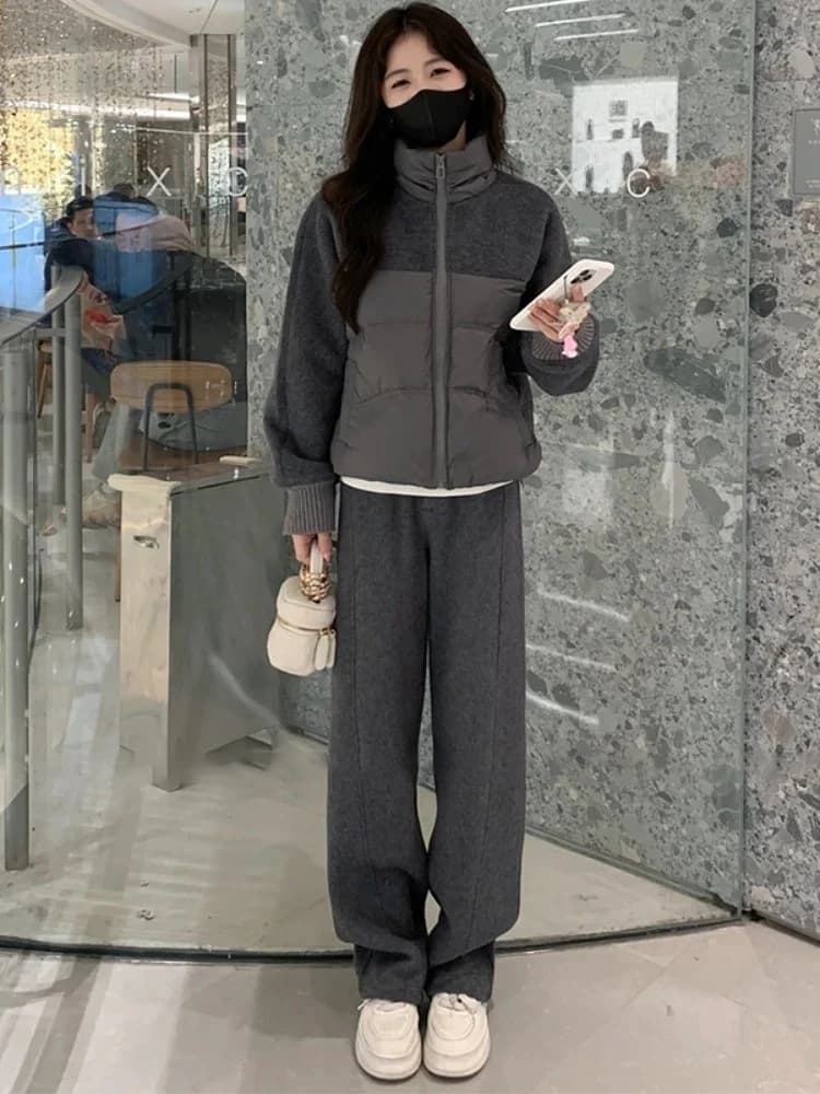 Faionable Tweed Set di abbigliamento sportivo casual da donna 2024 Autunno Inverno Nuovo patchwork in piuma Jaet Pantaloni a gamba larga Set a due pezzi