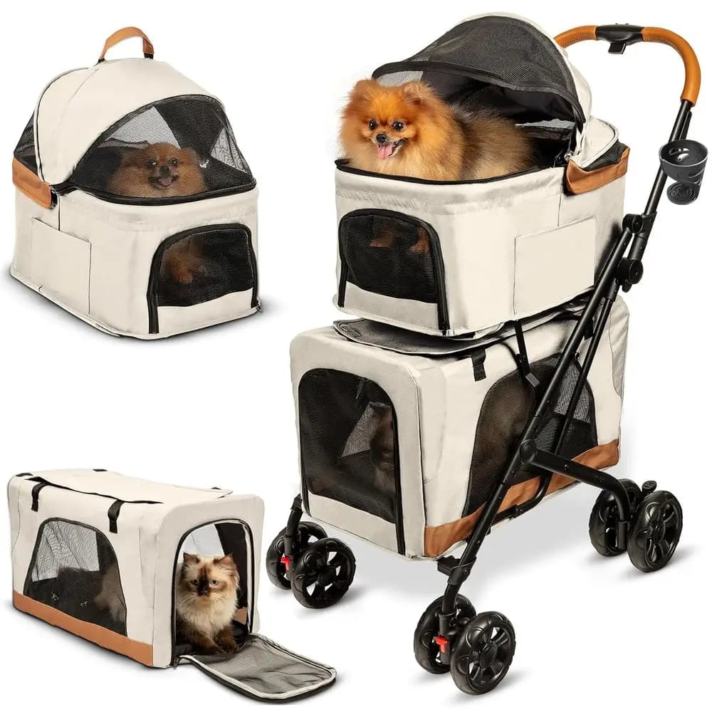 Passeggino Doppio Compatto per Animali Domestici con Trasportini Rimovibili - Adatto per Due Cani o Gatti - Facile Montaggio, Beige Cosmico
